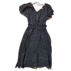 Vintage Black Gold Polka Dots Dress Womens Ruffles Lining 1980s Belted Chiffon